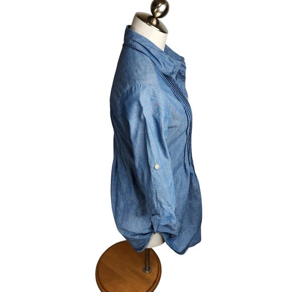 Levi's Pleated Tunic Top Women's Size Medium Chambray Roll Tab Hem 3/4 Sleeve - Picture 5 of 14